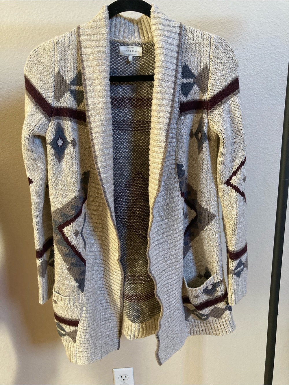 Lucky Brand Cream Aztec-Print Open Cardigan with Burgundy Accents